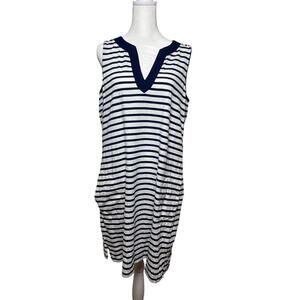 Land's End Women Sz M 10-12 Nautical Style White Navy Knee Level Dress (FLAW)